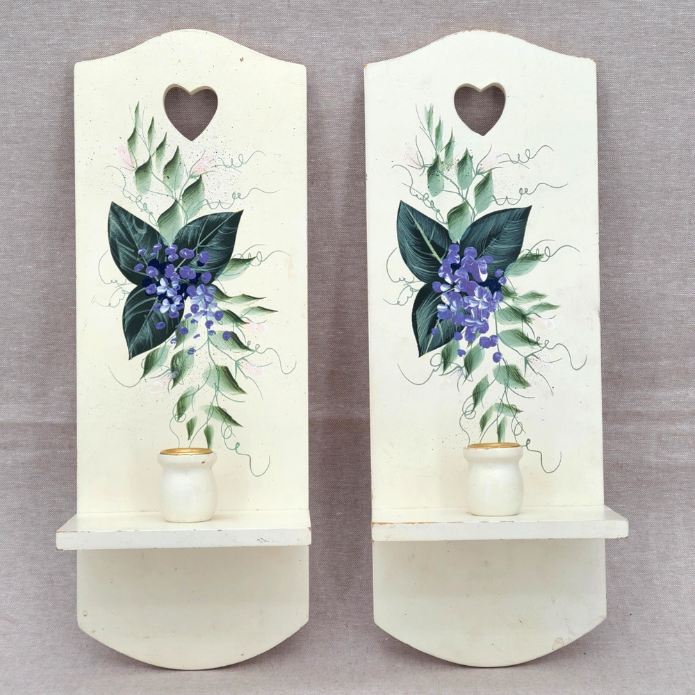 Cottagecore Gallery Wall Accent: Pair Candle Holders Handpainted Floral Purple